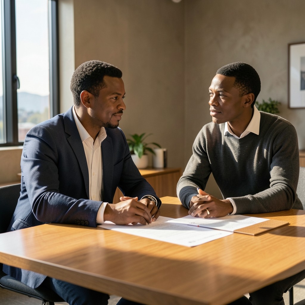 Two colleagues discussing printed identity review notes at a Cape Town office table