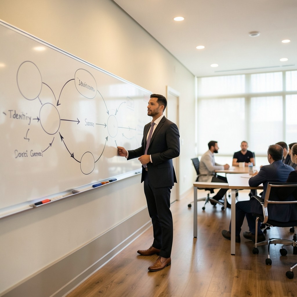 Facilitator at a whiteboard mapping identity sources during a review kickoff