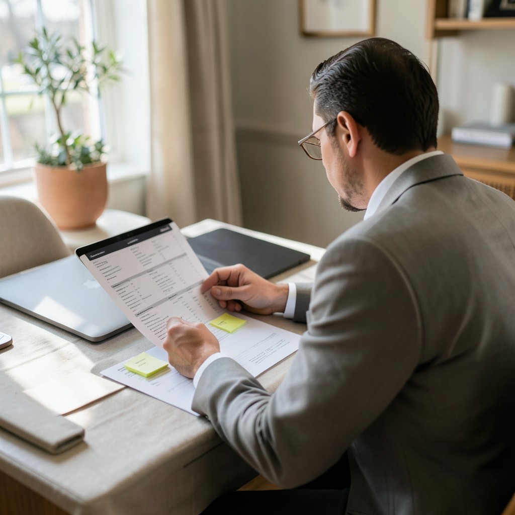 Analyst reviewing printed access membership lists beside a laptop in soft daylight