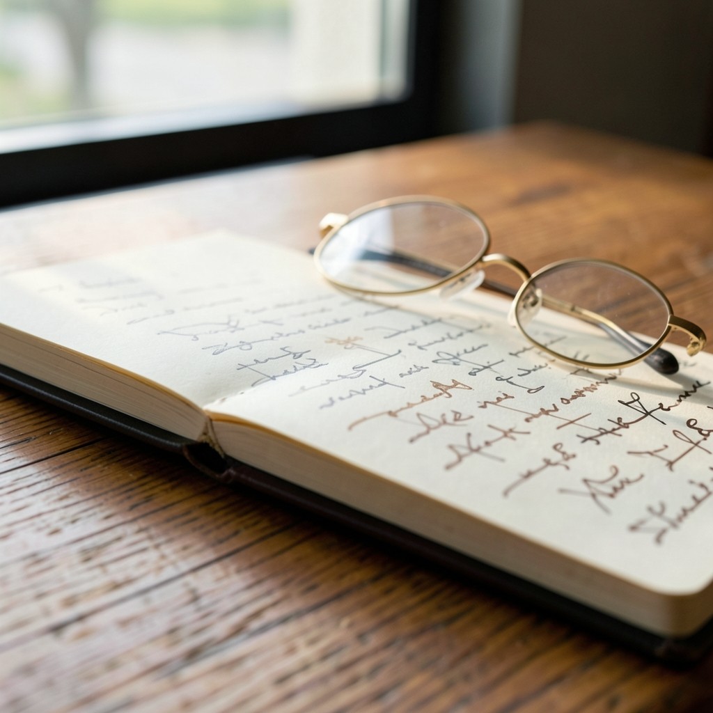Notebook with handwritten access findings beside reading glasses on a wooden desk